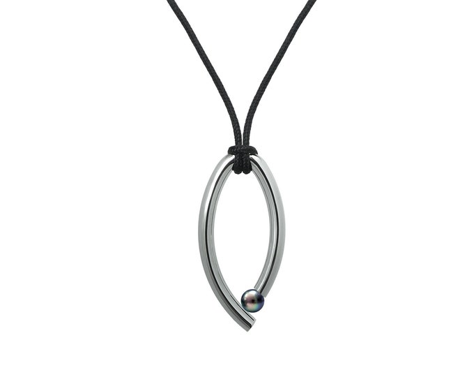 OVUM oval tubular vertical pendant with cord and tension set black pearl in stainless steel by Taormina Jewelry