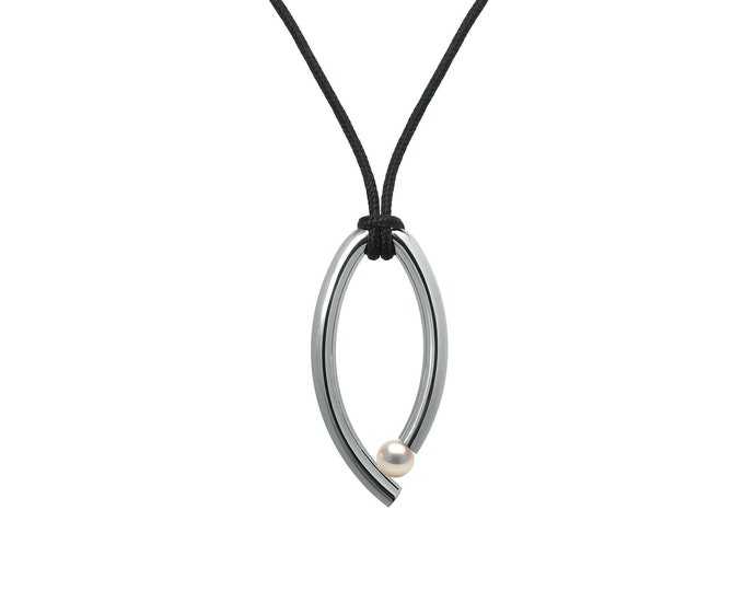 OVUM oval tubular pendant with cord and tension set white pearl in stainless steel by Taormina Jewelry