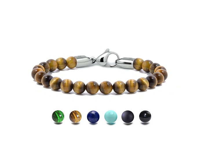 SPIRITUAL beads bracelet in stainless steel and Tiger's Eye, 6mm by Taormina Jewelry