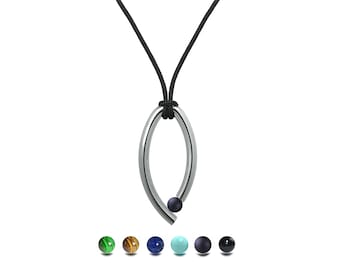 OVUM oval tubular vertical pendant with cord and tension set semiprecious sphere in stainless steel by Taormina Jewelry