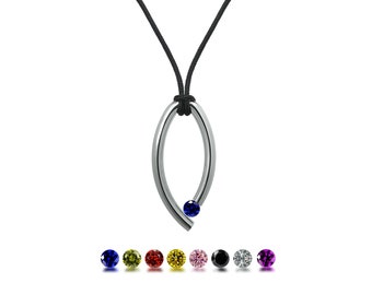 OVUM oval tubular vertical pendant with cord and tension set colored gemstones in stainless steel by Taormina Jewelry