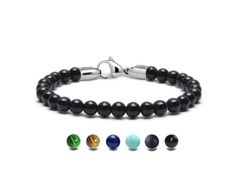 SPIRITUAL beads bracelet in stainless steel and Black Onyx, 6mm.