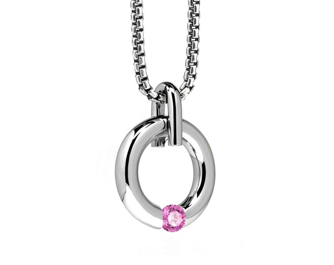 Pink Sapphire Tension Set Round Pendant in Stainless Steel by Taormina Jewelry