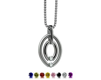 OVUM double oval tubular pendant with tension set colored gemstones in stainless steel by Taormina Jewelry