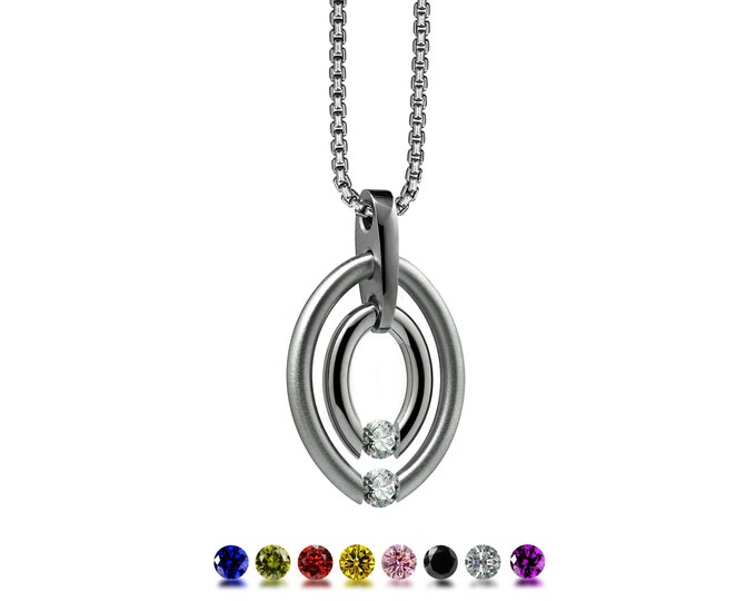 OVUM double oval tubular pendant with tension set colored gemstones in stainless steel by Taormina Jewelry