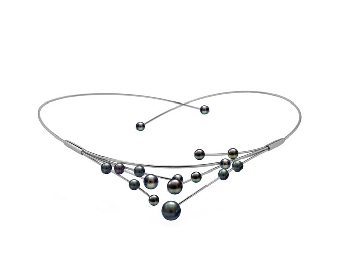 FILO multiple wire choker necklace with mixed sizes black pearls in stainless steel by Taormina Jewelry