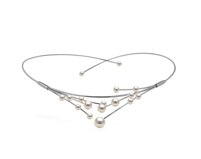 FILO multiple wire choker necklace with mixed sizes white cultured pearls in stainless steel by Taormina Jewelry