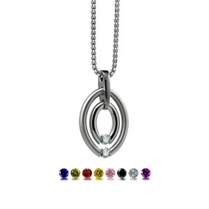 OVUM double oval tubular pendant with tension set colored gemstones in stainless steel by Taormina Jewelry white sapphire