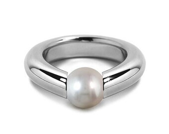 Tension Set White Pearl Tapered Ring in Stainless Steel by Taormina Jewelry