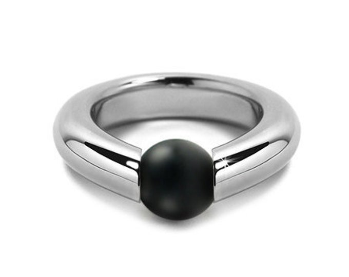 Modern  Obsidian Tension Set Ring Stainless Steel Modern Jewelry by Taormina Jewelry