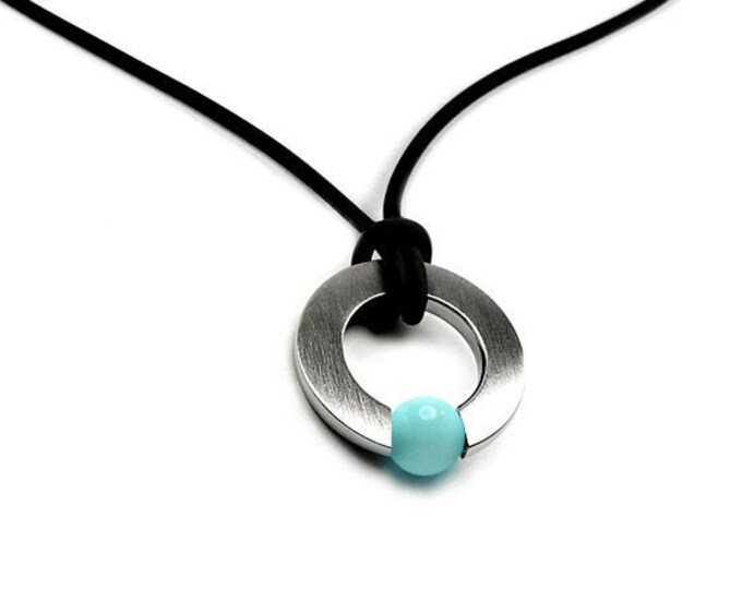Men's Necklace with Tension Set Turquoise in Stainless Steel by Taormina Jewelry