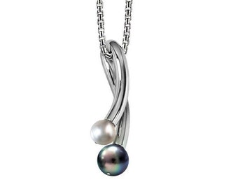 CURVE double tubular curved vertical pendant with white & black pearls in stainless steel by Taormina Jewelry