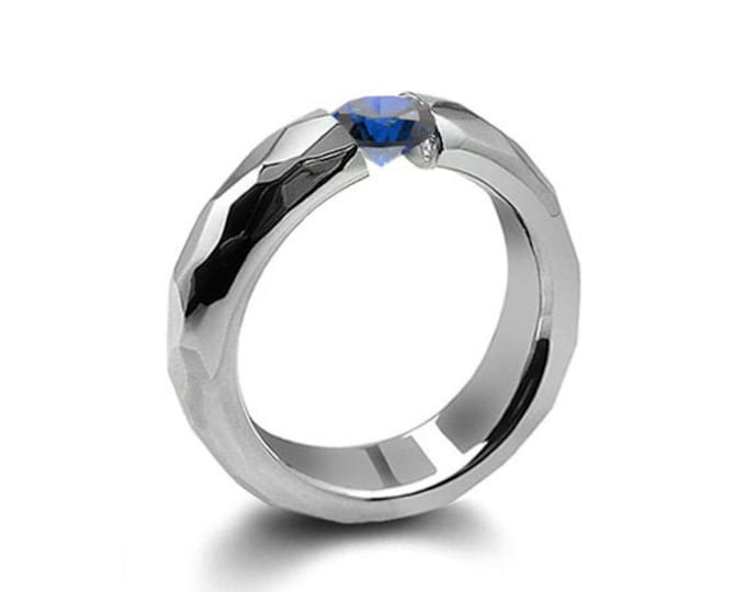 0.75ct Blue Sapphire Tension Set Hammered Stainless Steel Mounting by Taormina Jewelry