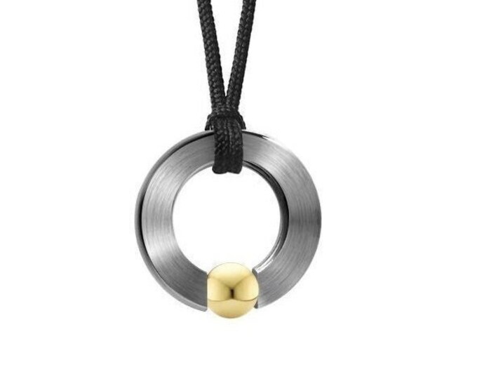 Flat ring necklace with tension set gold sphere By Taormina Jewelry