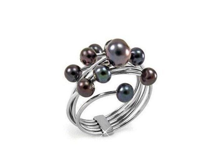 FILO multi wire ring with black pearls cluster in stainless steel by Taormina Jewelry