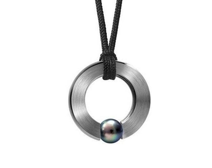 Modern Tension Set Black Pearl Round Pendant in Stainless Steel by Taormina Jewelry