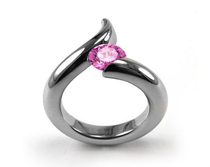 1ct Pink Sapphire Bypass Swirl Tension Set Ring in Stainless Steel by Taormina Jewelry
