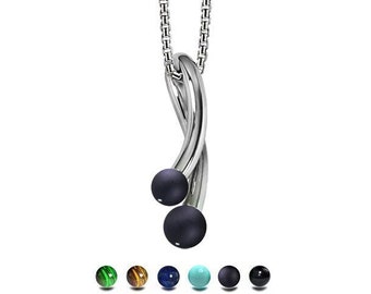 CURVE double tubular curved vertical pendant with semiprecious sphere in stainless steel by Taormina Jewelry