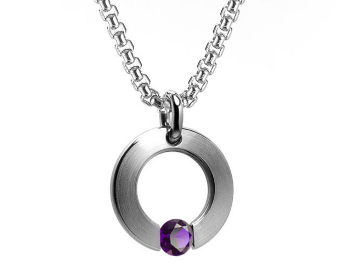 Amethyst Tension Set Flat Circle Pendant in Stainless Steel by Taormina Jewelry