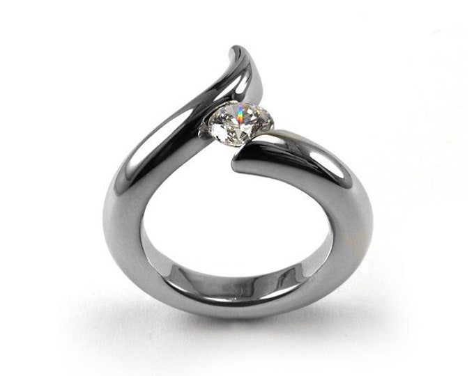 0.75ct White Sapphire Bypass Swirl Tension Set Ring in Stainless Steel by Taormina Jewelry
