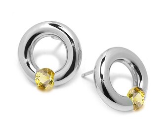 Circle Stud Earrings with Tension Set Yellow Sapphire in Stainless Steel by Taormina Jewelry