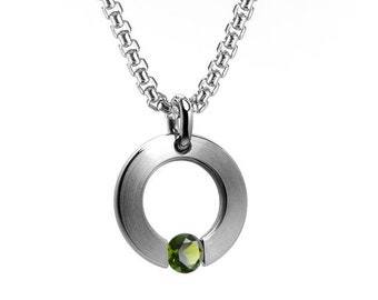 Peridot Tension Set Flat Circle Pendant in Stainless Steel by Taormina Jewelry