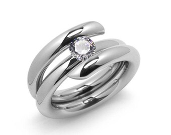 1ct White Sapphire High Setting Bypass Tension Set Ring in Stainless Steel by Taormina Jewelry