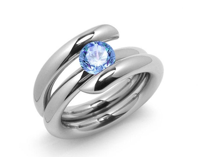 1ct Blue Topaz High Setting Bypass Tension Set Ring in Stainless Steel by Taormina Jewelry