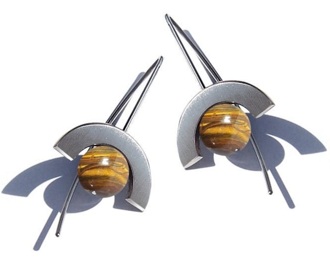 Tiger Eye Drop Earrings Mayan Inspired Stainless Steel Design by Taormina Jewelry