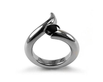 ONDE Swirl bypass ring with tension set black diamond in stainless steel