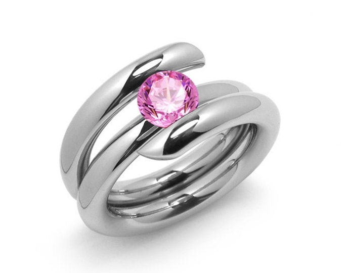 1.5ct Pink Sapphire High Setting Bypass Tension Set Ring in Stainless Steel by Taormina Jewelry