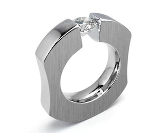 1ct White Sapphire Ergonomic Tension Set Ring in Stainless Steel Mounting by Taormina Jewelry