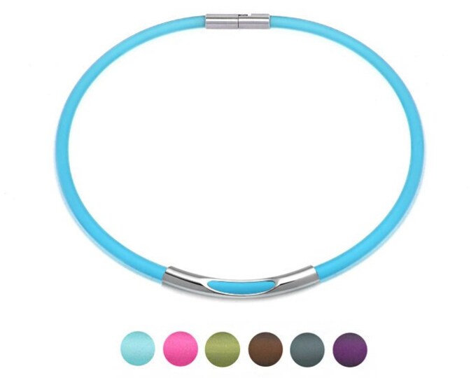 5mm Frosted PVC colored rubber necklace with center see through curved element  by Taormina Jewelry