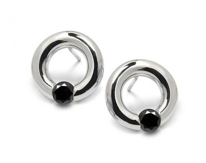 Black Onyx Round Stud Tension Setting Earrings in Steel Stainless by Taormina Jewelry