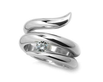 0.50ct White Sapphire Tension set Statement Snake shaped Ring in Stainless Steel by Taormina Jewelry
