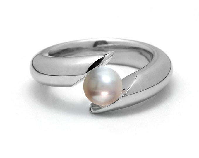 White Pearl Bypass Ring Tension Set Tapered Stainless Steel Mounting by Taormina Jewelry