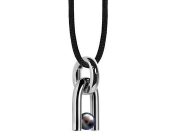 DIAPASON shaped tubular pendant with tension set Black Pearl in stainless steel