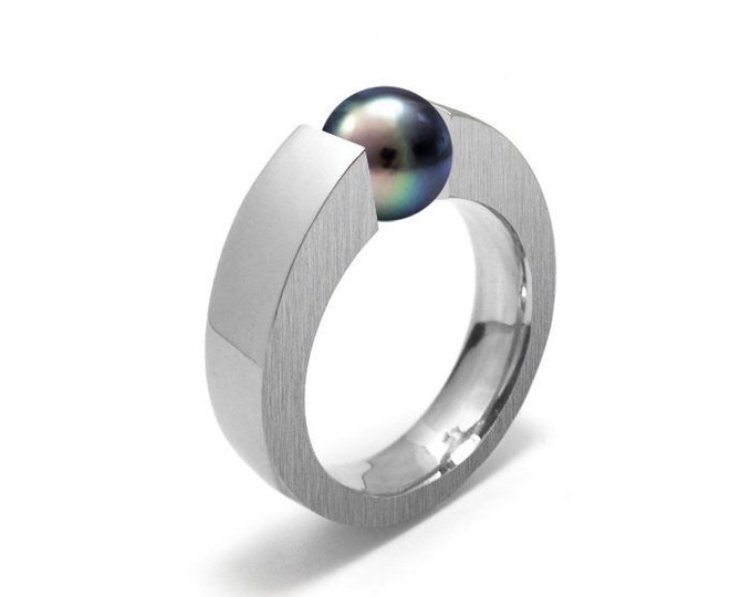 Black Pearl two tone tension set ring modern flat style mounting by Taormina Jewelry