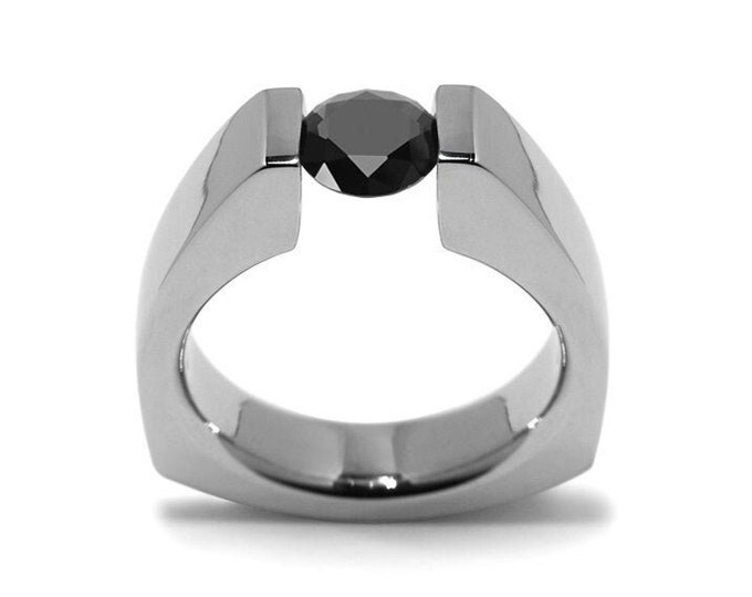 1ct Black Onyx Triangular Tension Set Ring in Stainless Steel Modern Style by Taormina Jewelry