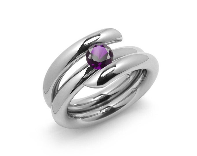1ct Amethyst high setting bypass tension set ring in stainless steel by Taormina Jewelry