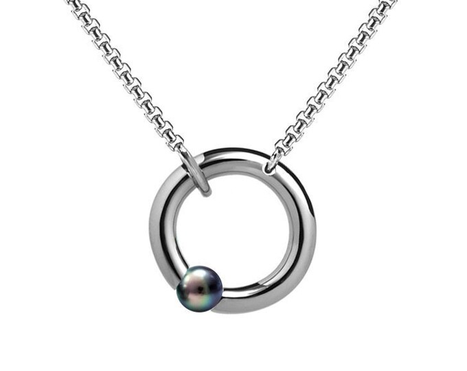 Black Pearl Tension Set Necklace in Stainless Steel by Taormina Jewelry