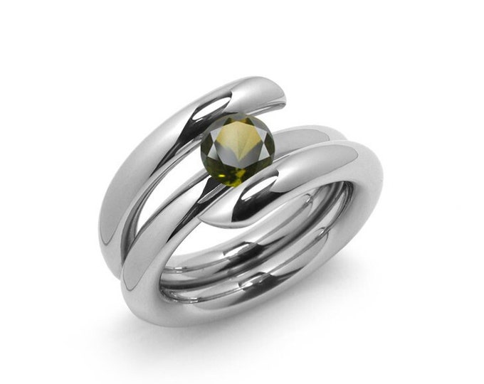 1.5ct Peridot high setting bypass tension set ring in stainless steel by Taormina Jewelry