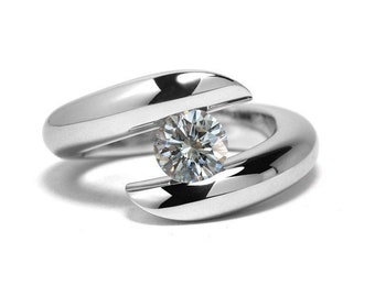 1ct White Sapphire Engagement Ring Bypass Tension Set Mounting in Stainless Steel by Taormina Jewelry