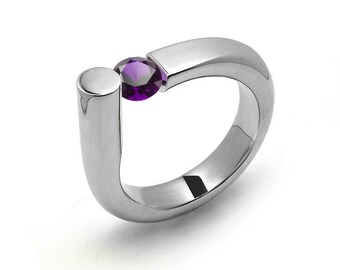 0.75 Amethyst Ring Tension Set in Stainless Steel by Taormina Jewelry