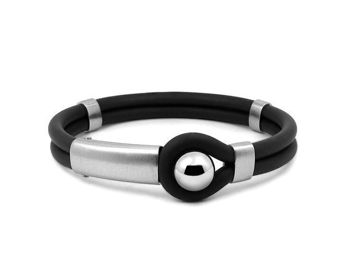 Double rows tubular black rubber bracelet and stainless steel center piece by Taormina Jewelry