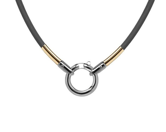 Tubular black rubber necklace with Gold accents and tubular round clasp in stainless steel by Taormina Jewelry