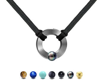 ABBRACCI double cord necklace with round center design with tension set semiprecious sphere in stainless steel by Taormina Jewelry