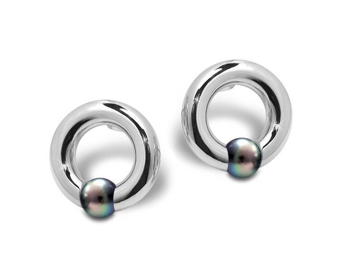 LUNA Circle tubular stud earrings with tension set black pearls in stainless steel by Taormina Jewelry