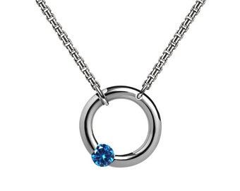 Blue Topaz tension set V necklace in Stainless Steel by Taormina Jewelry