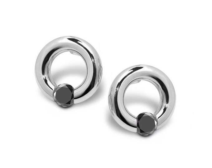 LUNA Circle donuts stud earrings with tension set black diamonds in stainless steel by Taormina Jewelry